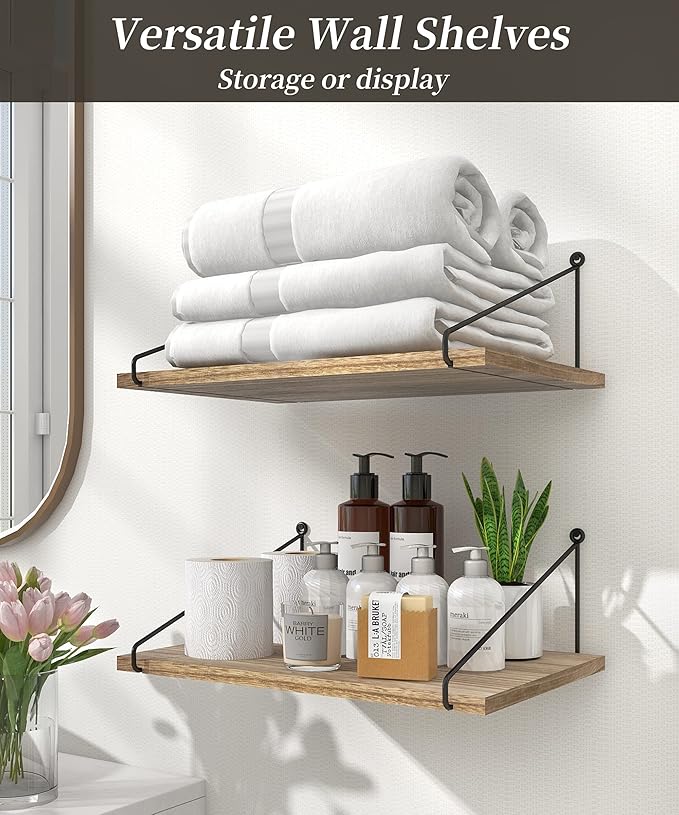Afuly Rustic Floating Shelves for Wall, 12 Inch Deep Wooden Shelf Set of 2 | Solid Wood and Metal, Hanging Bookshelf with Brackets, Plants Photos Display, for Bathroom, Kitchen, Living Room, Bedroom