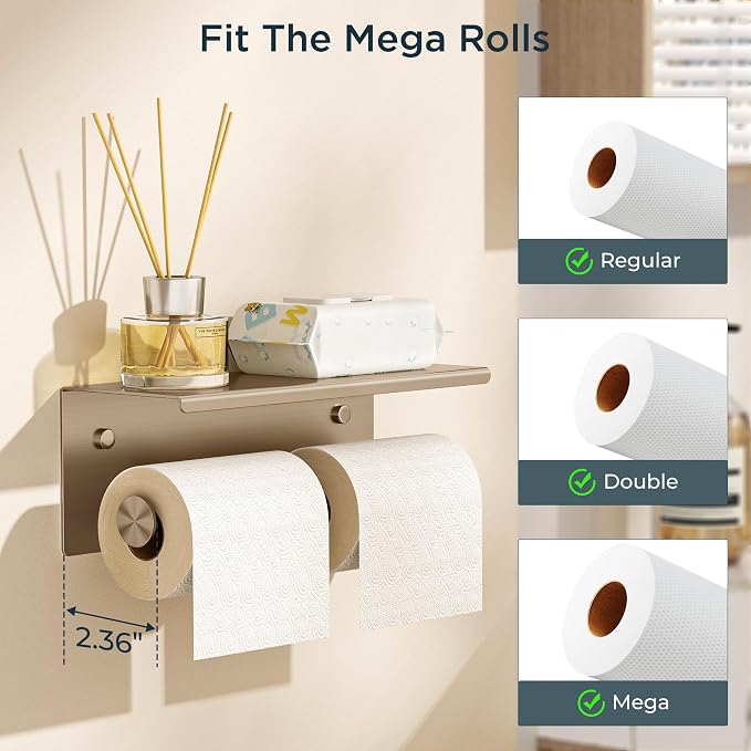 FORIOUS Toilet Paper Holder with Shelf, Commercial Toilet Paper Dispensers | Champagne Gold | Wall Mount Bathroom Tissue Holder | SUS304 Stainless Steel Rustproof | Double Tissue Roll Holder