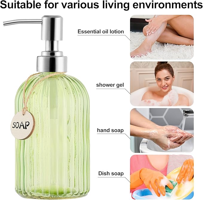 MOCLIF 16 OZ Soap Dispenser，Tempered Glass Clear Vertical Stripe with 304 Rust Proof Stainless Steel Pump Refillable Liquid Hand Soap Dispenser，for Bathroom, Kitchen, Dish Soap，Lotion (Green)