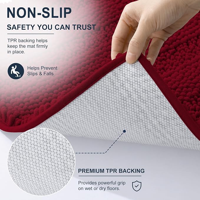 Smiry Thick Chenille Bathroom Runner Rugs 44x24, Absorbent Bath Mat, Red | Quick‑Dry & Machine Washable, Non‑Slip Bath Carpet, Soft Striped Bath Rugs for Tub & Shower, Modern Home Decor Accessories