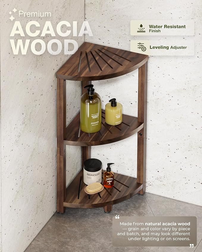 BLUEWEST 3-Tier Corner Shower Caddy Stand, Wood, Walnut | Shower Organizer Standing, Anti-Slip Feet, Waterproof & Durable, Space-Saving Design, Bathroom Corner Shelf