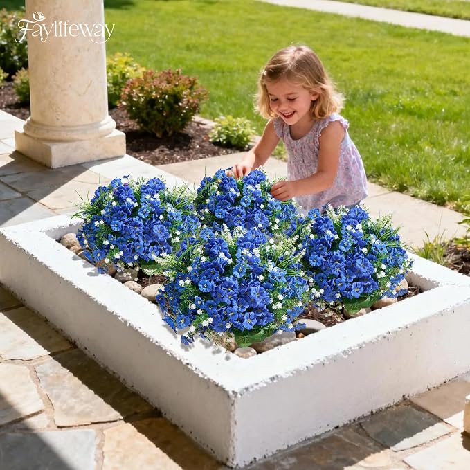 16 Bundles UV Resistant Silk Artificial Outdoor Flowers for Window Box | Mixed Color Realistic Anti-Fade Faux Flowers for Outside Planters,Garden,Porch,Patio,Yard,Home Decor(Blue)