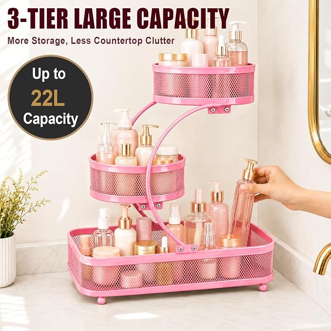 3 Tier Bathroom Counter Organizer-Metal Makeup Organizer for Vanity | Perfume & Cologne Organizer, Metal Wire Mesh Design, Heavy Duty Shelf with Large Storage Capacity, Black