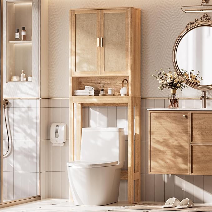 Over the Toilet Storage Cabinet, Bathroom Storage Cabinet with Rattan Doors, Bathroom Cabinet Over Toilet with Adjustable Shelf, Tall Freestanding Over Toilet Bathroom Organizer, Boho Natural Style
