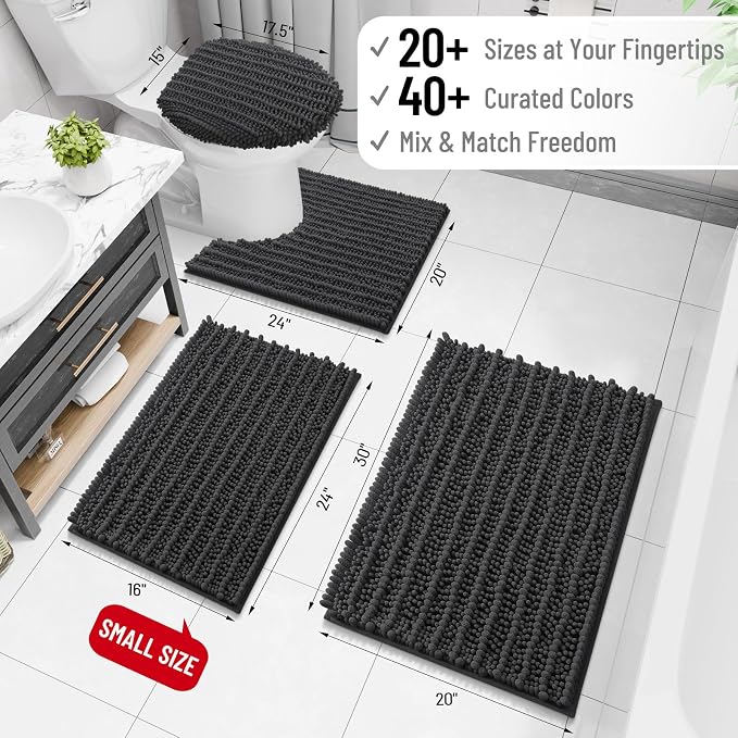 Arotive Bathroom Rugs Mat 70x24, Soft Absorbent Chenille Shaggy Bath Mat | Dark Grey, Machine Wash Dry, Bath Rugs for Bathroom Floor, Tub and Shower, Home Decor Accessories
