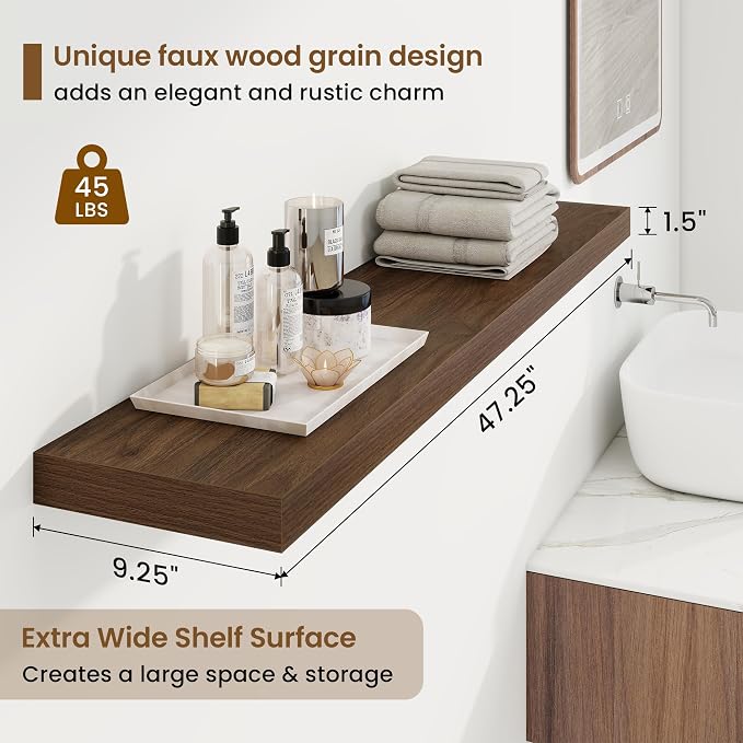 Marsmiles 9.25in Depth 48in Floating Shelves, 48x9.25x1.4, Walnut, Set of 2 | Long Wall Mounted Engineered Wood Shelves with Invisible Brackets for Living Room, Bedroom, Bathroom, Kitchen