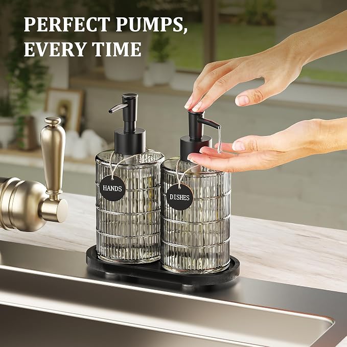 MASADI Soap Dispenser Set with Bamboo Tray, Dish and Hand Soap Lotion Dispenser Set with Wooden Pump for Kitchen and Bathroom Decor for Counter, Modern Vintage Liquid Soap Dispensers (Grey&Black)
