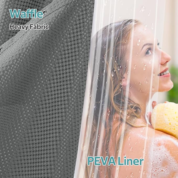 3 in 1 Shower Curtain Set, Waffle Shower Curtain and Liner Set with 6 Double Sided Shower Curtain Hooks, 258GSM Luxury Weighted Cloth Shower Curtain for Shower Stall, 36 W x 72 H, Grey