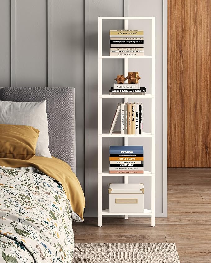 TUTOTAK 6-Tier Corner Bookshelf, Corner Shelf for Small Space | Narrow Display Corner Shelf Stand with Storage Rack, for Living Room, Bedroom, White BS05BW006