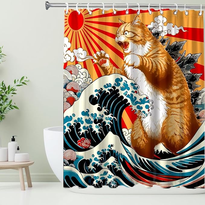Funny Japanese Cat Small Stall Shower Curtain, Vintage Orange Cat Japan Anime Ocean Wave RV Half Size Narrow Shower Curtain with Hooks, Funky Animal Sun Kids Bathroom Decor 48X72inches