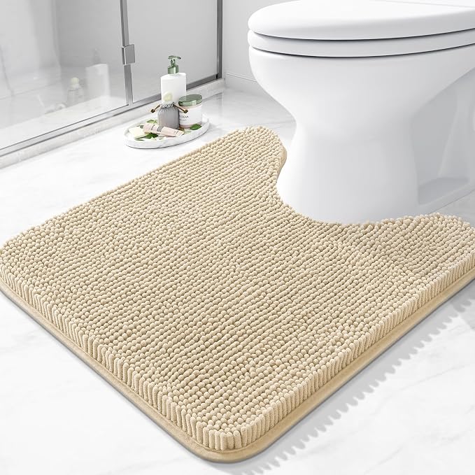 Arotive Bathroom Toilet Rugs Chenille U Shaped 20x20, Beige | Extra Soft Absorbent Shaggy Chenille Contour Bath Rugs for Toilet, Machine Washable Rubber Backing Contoured Bath Mats
