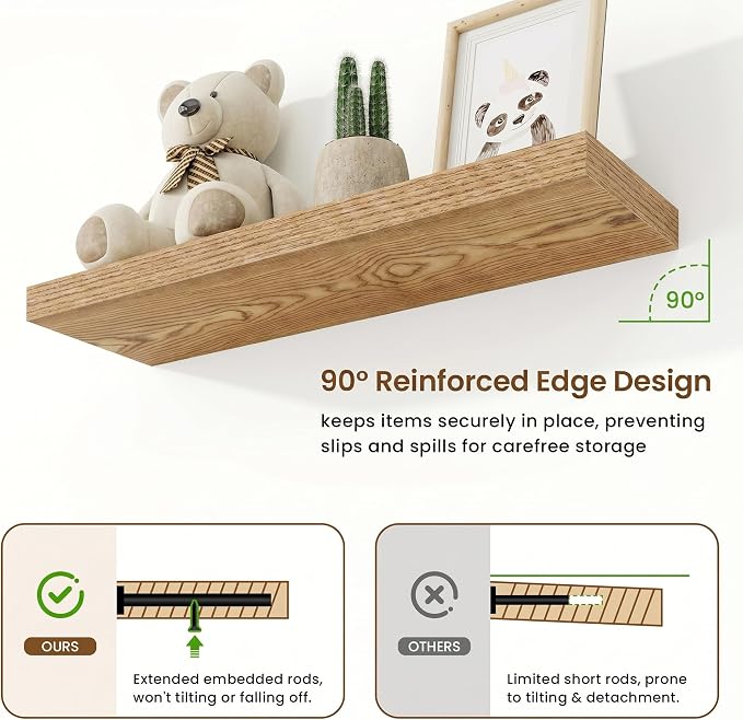 9.25in Depth 32in Floating Shelves, 32x9.25x1.4, Light Brown, Set of 2 | Wall Mounted Engineered Wood Shelves, Invisible Brackets for Living Room, Bedroom, Bathroom, Kitchen Decor and Storage