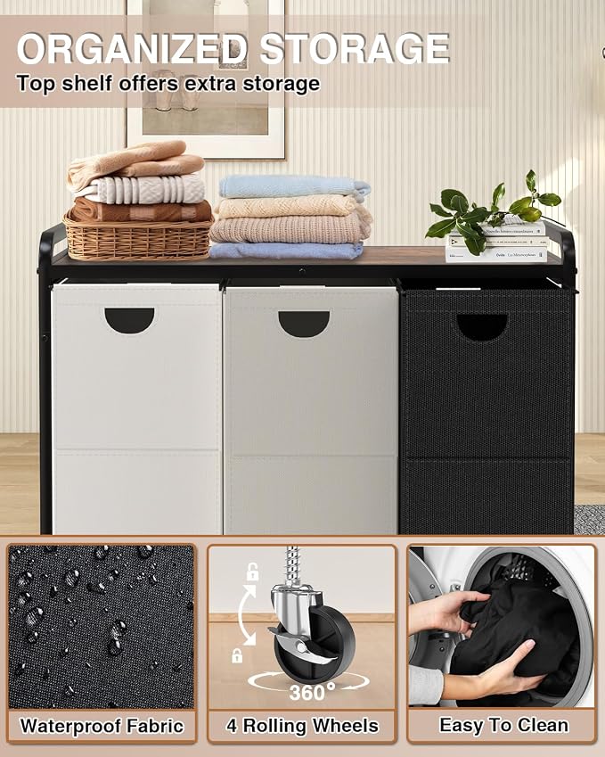 Laundry Sorter 3 Section,Laundry Basket with Wheels,3×15.8 Gal (60L) | Laundry Room Organization with Wooden Desktop Shelf,Pull-Out and Removable 900D Oxford Fabric Laundry Bags for Laundry Room