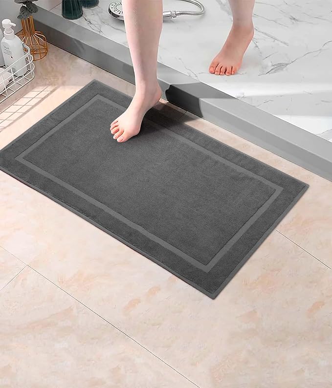 COTTON CRAFT Bath Mats - 2 Pack Tub Shower Floor Mat - 21x30- Charcoal Grey | Ultra Absorbent Plush 900 GSM Pure Cotton Banded Border Luxury Towel Rug - Not a Bathroom Rug