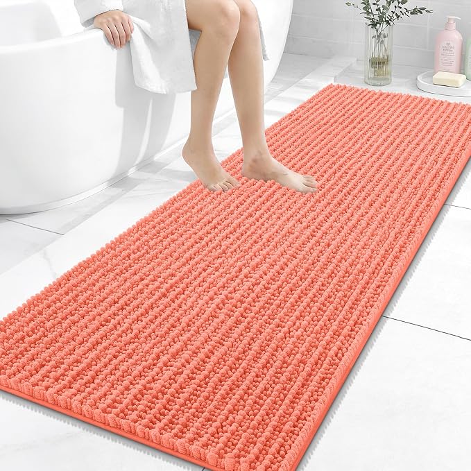 OLANLY Bathroom Runner Rugs 59x24, Thick Soft Absorbent Chenille Bath Rugs | Coral, Quick-Drying Rubber Backing, Long Shaggy Bath Mat, Machine Washable for Floor, Tub and Shower, Home Decor Accessories