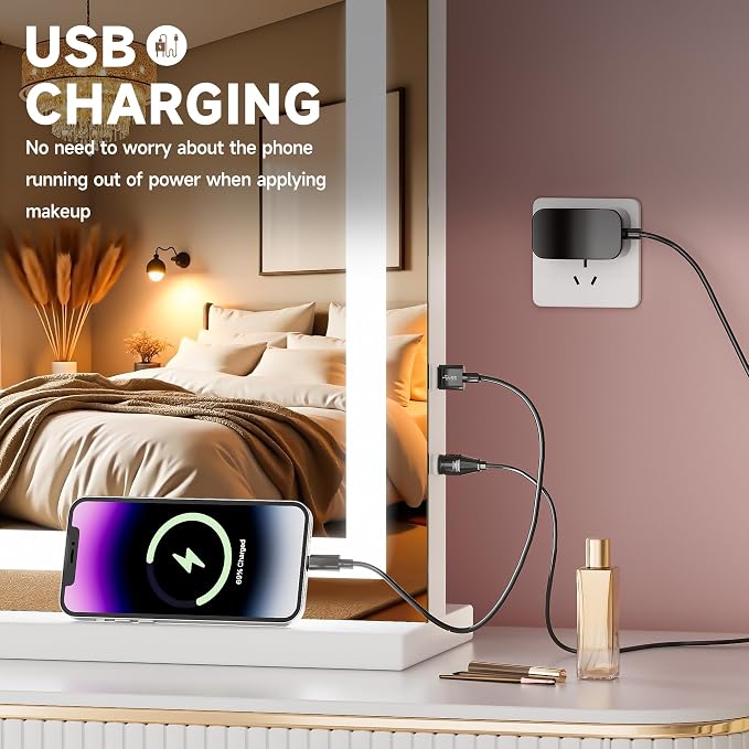 Vanity Mirror with Lights, 28" x 20" LED Makeup Mirror with 10X Magnification, Dimmable 3 Modes, Memory Function, Smart Touch, USB Charging Port, Lighted Makeup Mirror Square White