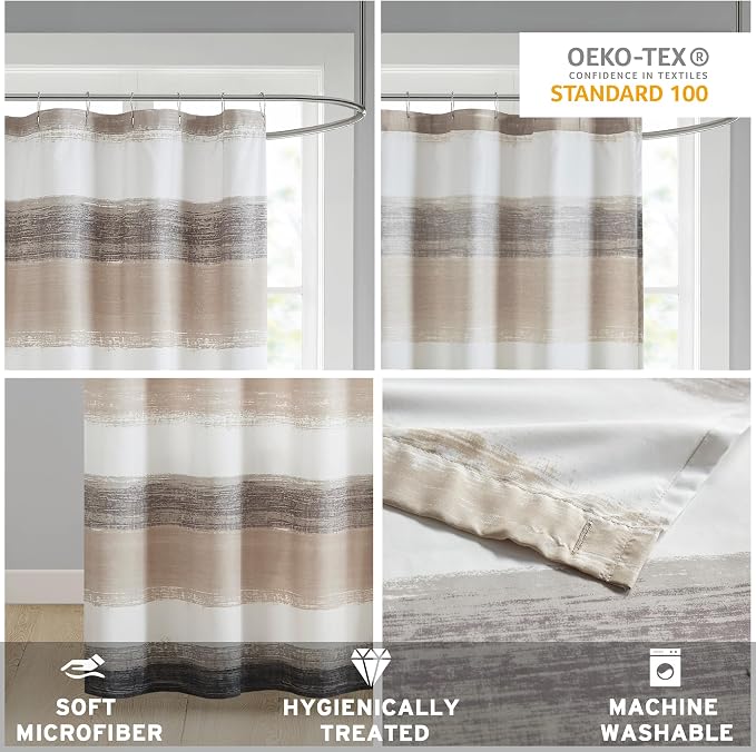 Madison Park Saben Shower Curtain for Bathroom, 72 x 72, Taupe/Black | Ultra Soft, Microfiber, Adds Privacy, Machine Washable, Striped Pattern, OEKO-TEX Certified