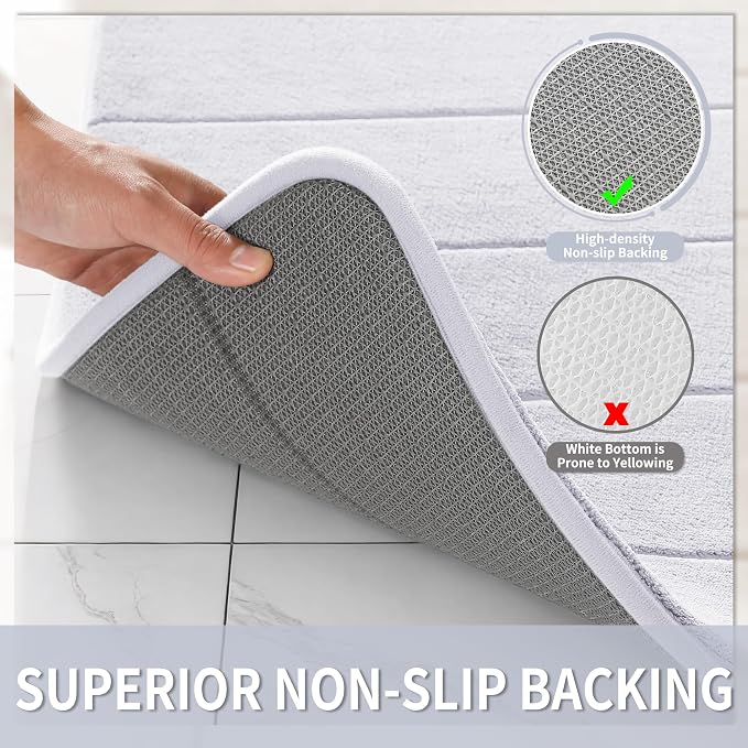 Yimobra Memory Foam Bath Mat, Super Soft Absorbent Bathroom Rug Non Slip 31.5x20 Inch, Quick Dry, Machine Washable Floor Carpet for Tub Shower, Home Decor Accessories, White