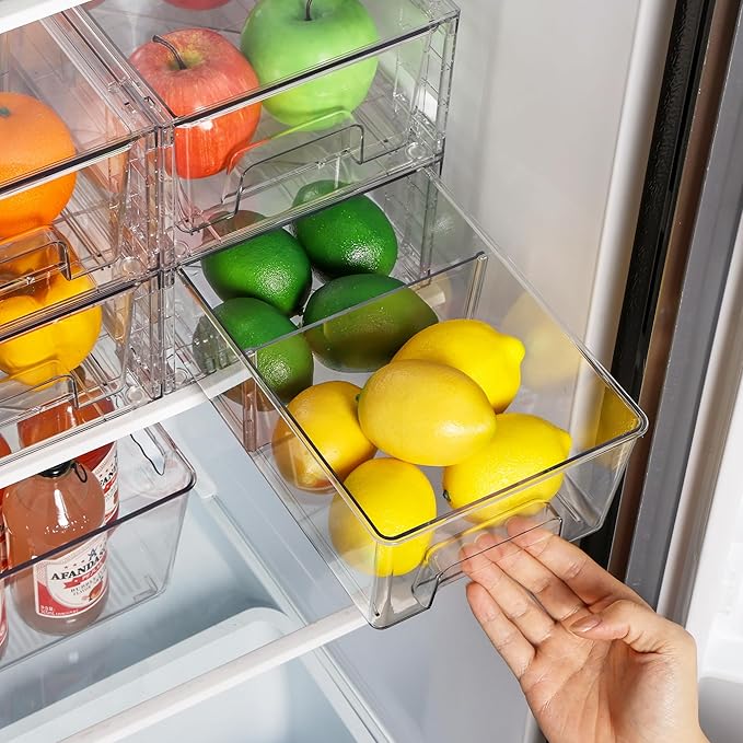 Vtopmart 2 Pack Stackable Clear Drawer with Dividers | Clear Drawer Organizers with Removable Dividers for Flexible storage. Stackable, Non-slip, for Fridge, Under Sink & Bthroom