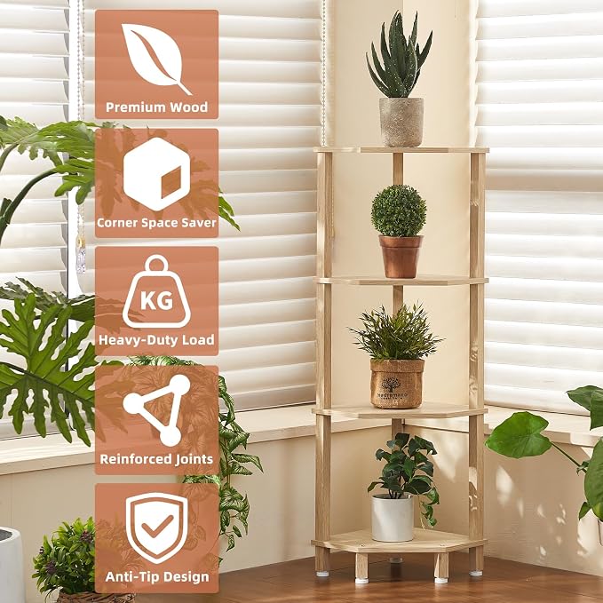 YUFAM 4-Tier Corner Shelf, Natural | Wooden Corner Bookshelf for Small Spaces, Corner Standing Shelf with Sturdy 5-Leg Base for bathroom