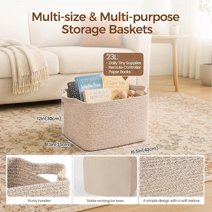 OIAHOMY Woven Storage Basket, Small Baskets for Organizing Brown | 13.5"x11"x9.5" Cotton Rope Storage Baskets with Handles for Books, Clothes & Kids Toy Storage Baskets for Shelves Nursery