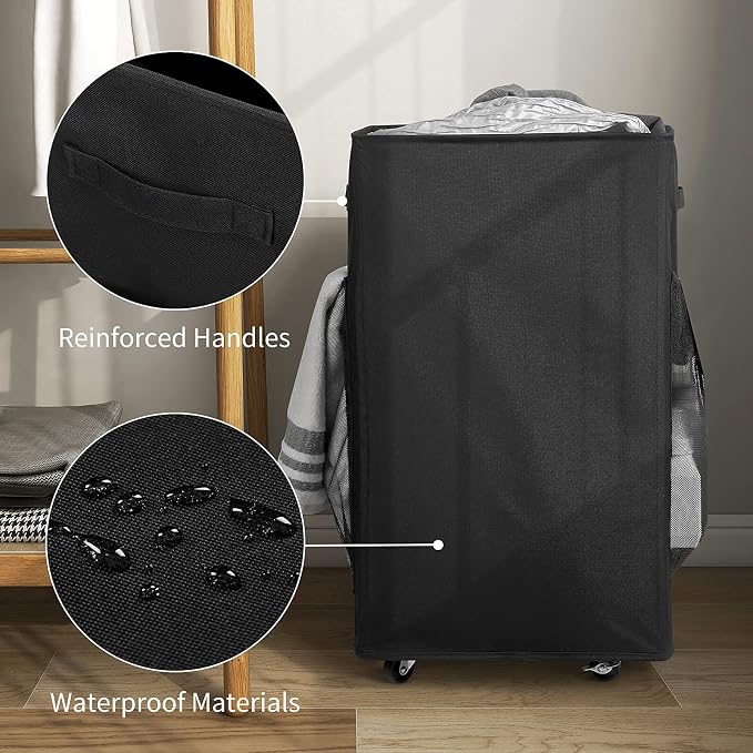 Chrislley Rolling Laundry Basket, 90L Foldable Laundry Hamper with Wheels | Collapsible Clothes Hamper Organizer with Breathable Side Pocket, Laundry Storage Cart for College Student, School Dorm,Black