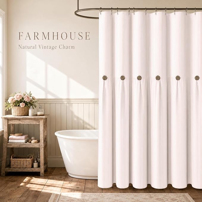 Farmhouse Shower Curtain Button Pink Stripe 72" W x 72" L | Farmhouse Style, Chic Button, Striped, Linen Fabric, Rustic, Country, Natural Look, Washable, for Bathroom Bathtub