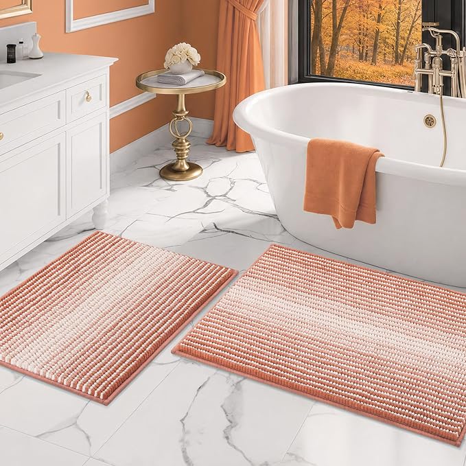 Bathroom Rugs and Mats Sets, 2 Piece Thick Absorbent Chenille Bath Mat Rug Set Non Slip, Soft Bath Room Floor Mats for Bathroom, Machine Washable (20" x 32" Plus 16" x 24",Light Orange)