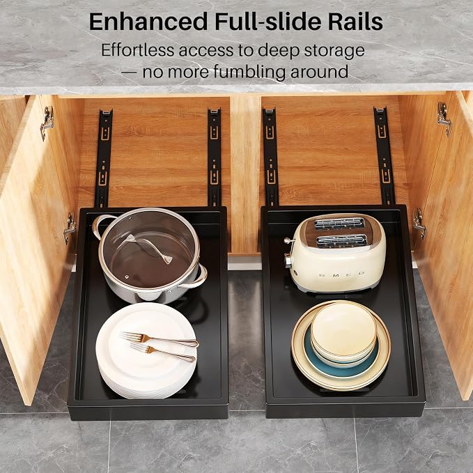 Pull out Cabinet Organizer, 21"Deep, 20"Wide Full-Extension Heavy Duty Slide out Drawers with Nano Adhesive, Roll Out Shelves Sliding Cabinet for Kitchen, Bathroom, Pantry, Under Sink Storage(Black)