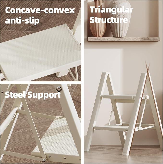 HillhutApex Aluminum Step Stool Foldable,2 Step Ladder (White) | Lightweight Portable step ladder with Anti-Slip Wide Pedal,330lbs Capacity Ladder for Household,Office,Kitchen