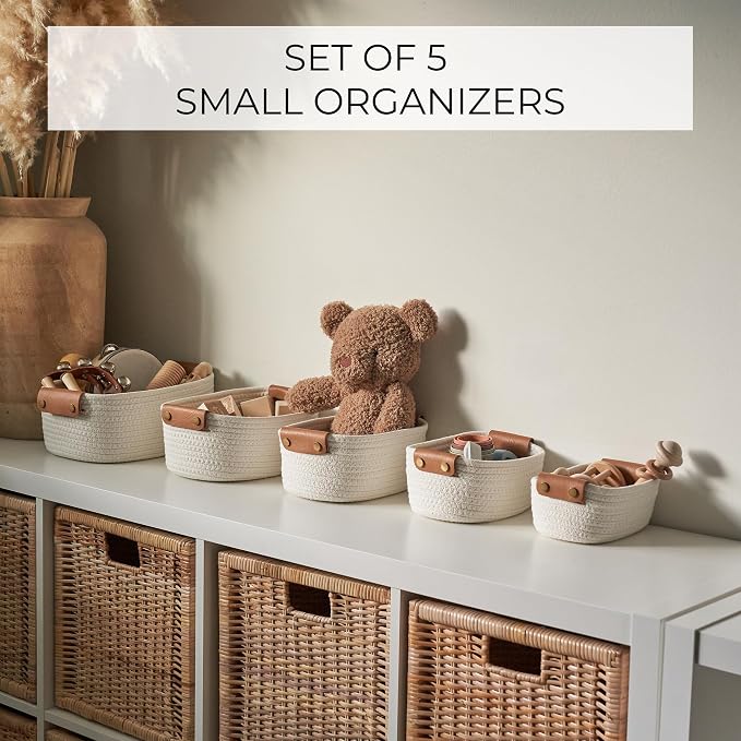 Beautiful Storage Basket Set of 5 - Sturdy Cotton Rope Baskets for Shelves | Perfect for Organizing Your Home - Quality Storage Bins Easily Fit with Any Nursery or Bedroom Decor