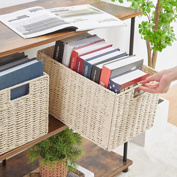 Wicker Storage Basket, Set of 2 Hand-Woven Paper Rope Wicker Basket, Small Storage Baskets for Organizing Toilet Paper Basket, Foldable Large Cube Storage Organizer Bins for Shelves (Beige)