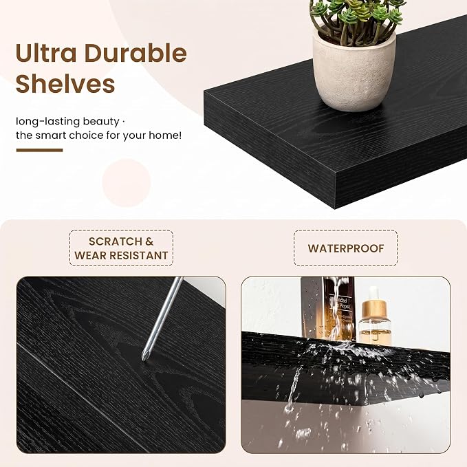 Marsmiles 8in Depth Floating Shelves, 8x8x1.4, Black, Set of 3 | Small Wall Mounted Square Shelves, Engineered Wood, Invisible Brackets, Living Room, Bedroom, Bathroom, Kitchen Decor