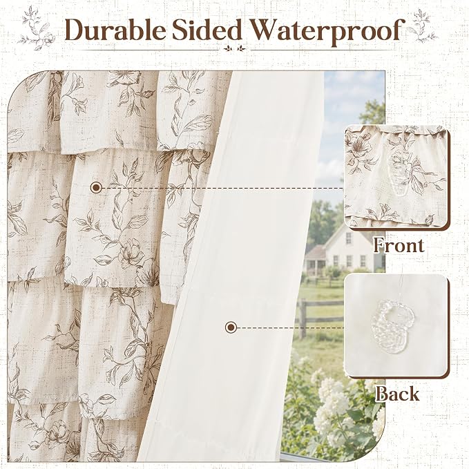 Yinhua Extra Long Farmhouse Ruffle Shower Curtain for Bathroom, 72" Wx90 L | Brown Floral Print, Ruflle Design, 12 Metal Hooks, Vintage Rustic Washable Waterproof Shower Curtain for Bathroom Bathtub