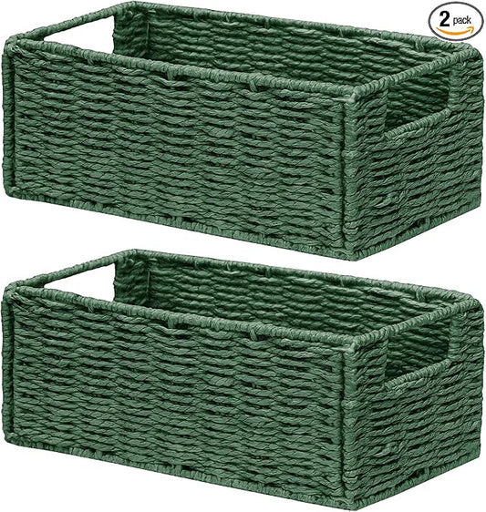 Wicker Storage Basket, Set of 2 Hand-Woven Paper Rope Wicker Basket, Small Storage Baskets for Organizing Toilet Paper, Foldable Small Cube Organizer Bins for Shelves and Bathroom (Green)