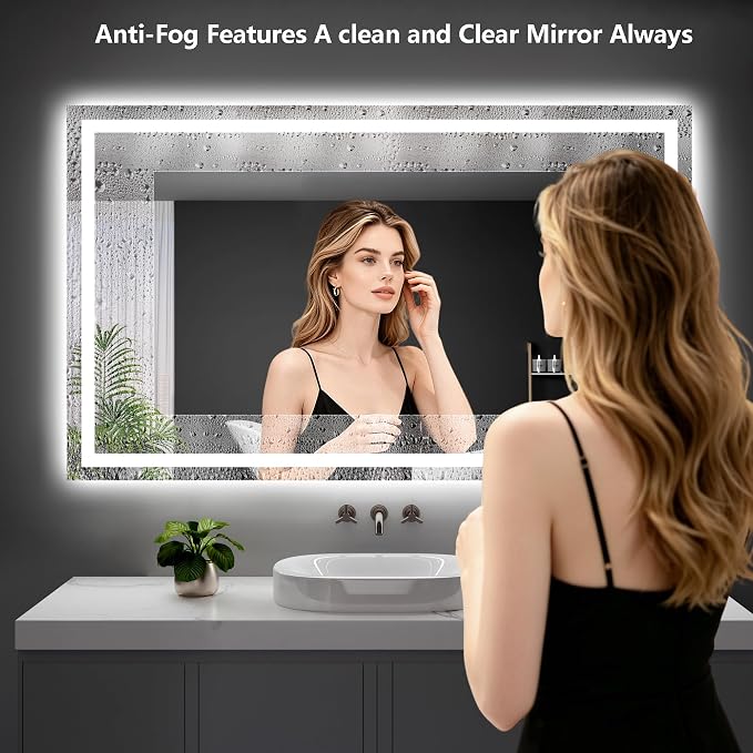 LED Bathroom Mirror 55"x36" Inch Lighted Bathroom Vanity Mirror with Lights, Large, Brighter Frontlit and Backlit Light up Anti Fog Mirror, Tempered Glass, 3-Color Dimmable, Memory Function