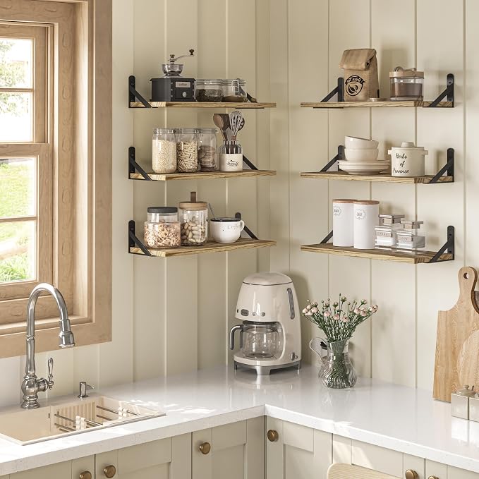 YGEOMER 16.5in Floating Shelves for Wall, Light Carbonized Brown Set of 6 | Rustic wood shelves with metal brackets. Space-saving for books & decor. Works in bathroom, kitchen, living room & bedroom.