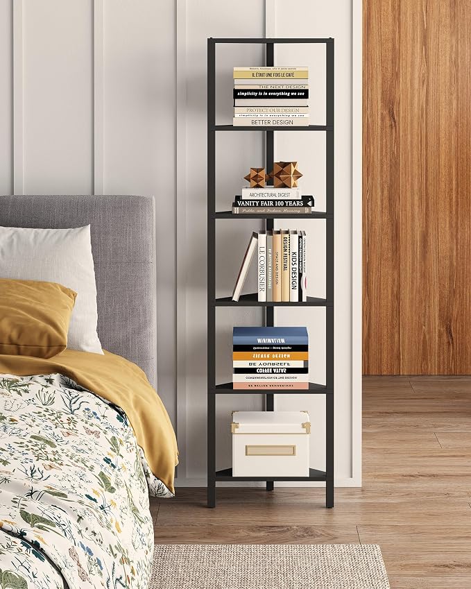 TUTOTAK Corner Shelf, 6-Tier Corner Bookshelf for Small Space | Narrow Display Corner Shelf Stand with Storage Rack, for Living Room, Bedroom, Black BS05BK006