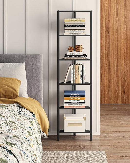 TUTOTAK Corner Shelf, 6-Tier Corner Bookshelf for Small Space | Narrow Display Corner Shelf Stand with Storage Rack, for Living Room, Bedroom, Black BS05BK006