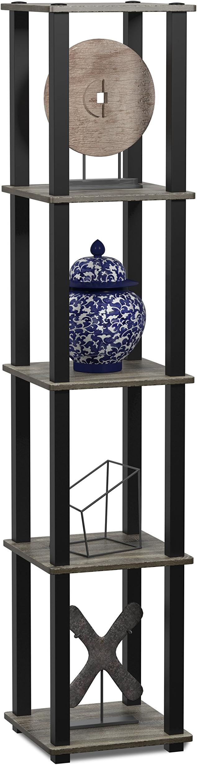 FURINNO Turn-S-Tube 5-Tier Corner Square Rack Display Shelf, French Oak Grey/Black | Open Frame, Corner Shelf, Free Standing Open Shelves, for Organization and Storage, Living Room, Garage, Home Office