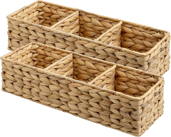 StorageWorks Toilet Paper Basket, Large Toilet Tank Basket, Water Hyacinth | Wicker Basket, Toilet Paper Storage for Back of Toilet Tank, Woven Baskets for Shelves, Wicker Baskets with 3 Compartments