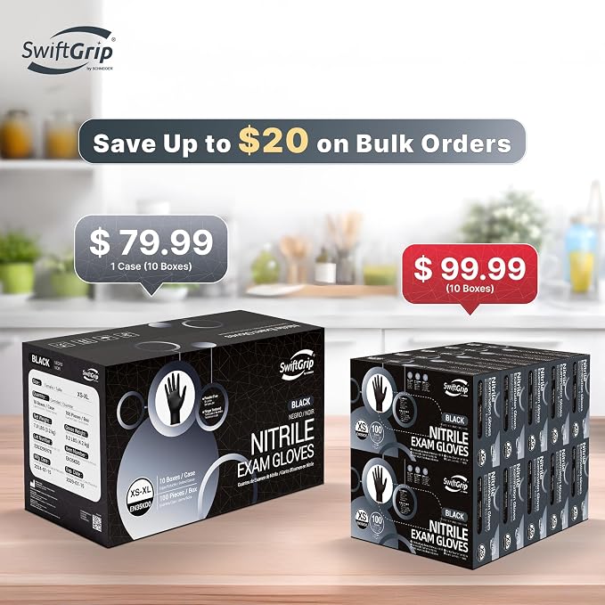SwiftGrip Disposable Nitrile Exam Gloves, Black Nitrile Gloves Disposable Latex Free for Medical, Cooking & Esthetician