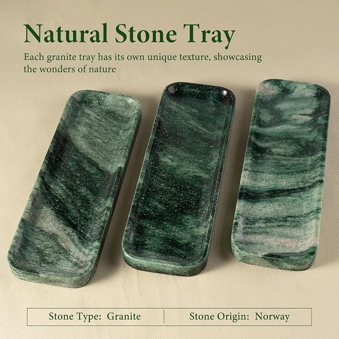 Marble Tray for Bathroom Sink, 12"x4" Natural Stone Vanity Tray for Kitchen Dresser Countertop, Rectangular Decorative Marble Tray for Jewelry Perfume Trinket(Green)