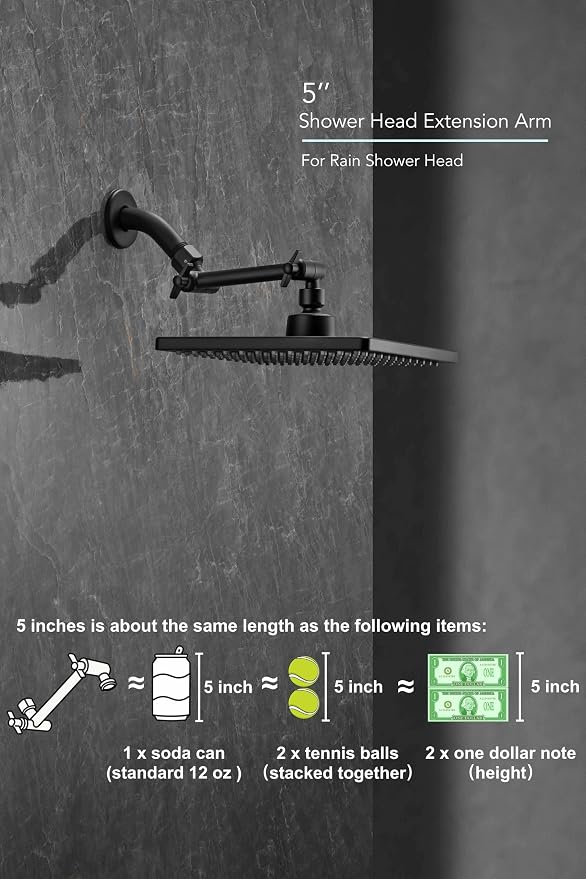 5 Inch Adjustable Shower Head Extension Arm With Locking Set Screw, Singing Rain Metal Matte Black Angle Height Adjustable, Easy To Install, G1/2 Universal Connector Compatible (Matte Black Finish)