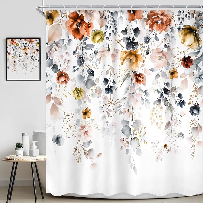 Yellow Orange Floral Pastel Watercolor Rustic Bathroom Shower Curtain Set | 60"W x 72"L Flower Eucalyptus design with waterproof HD artwork, quick-dry fabric and hooks for easy hanging.