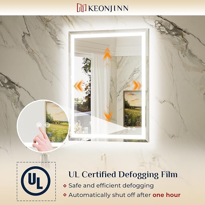 Keonjinn 40 x 24 Inch Beveled Lighted Bathroom Mirror, Frontlit and Backlit | HD Tempered Glass, LED Bathroom Mirror with Light, 3000K/4500K/6000K, Fast Defogging, Stepless Dimmable, Memory Function