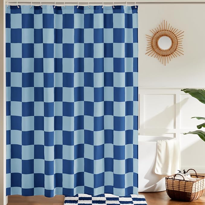Ohocut Checkered Shower Curtain, Shower Curtains for Bathroom, Cute Retro Checkboard Shower Curtain Vintage Aesthetic, Washable Fabric Bath Curtain (Double Blue, 72''x72''(183x183cm))