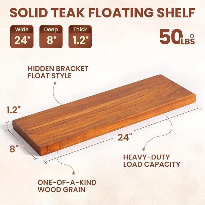 24 Inch Teak Floating Wall Shelves Set of 2 | Weather Resistant, Heavy Duty Hidden Brackets, Natural Wood Grain, Wall Storage For Bathroom, Kitchen, Living Room & Outdoor