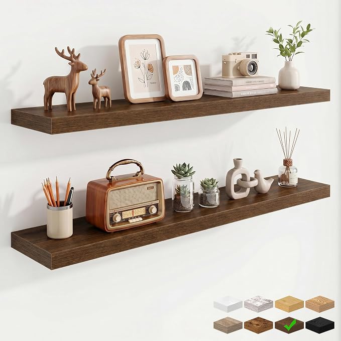 Marsmiles 9.25in Depth 48in Floating Shelves, 48x9.25x1.4, Walnut, Set of 2 | Long Wall Mounted Engineered Wood Shelves with Invisible Brackets for Living Room, Bedroom, Bathroom, Kitchen