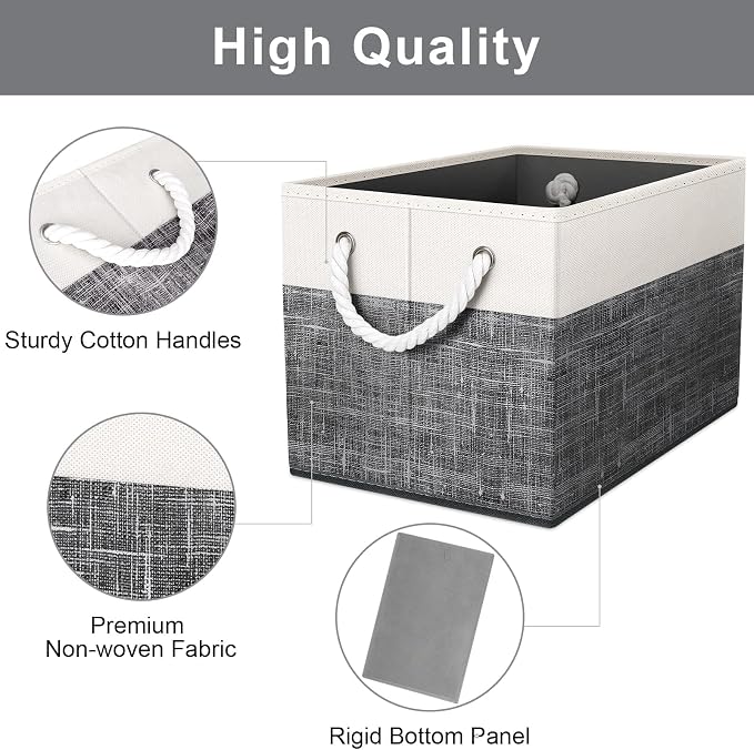 Storage Bins 3-Pack, Foldable Storage Baskets for Organizing Toys, Books, Shelves, Closet, Large Storage Box with Rope Handles, Sturdy Organizer Bins, White & Black | 3-Pack Storage Bins for Organizing Toys, Books, Shelves, Closet, Large Storage Box St...